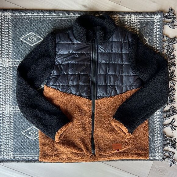 Sherpa zip up fleece jacket size medium black tan - Picture 1 of 7